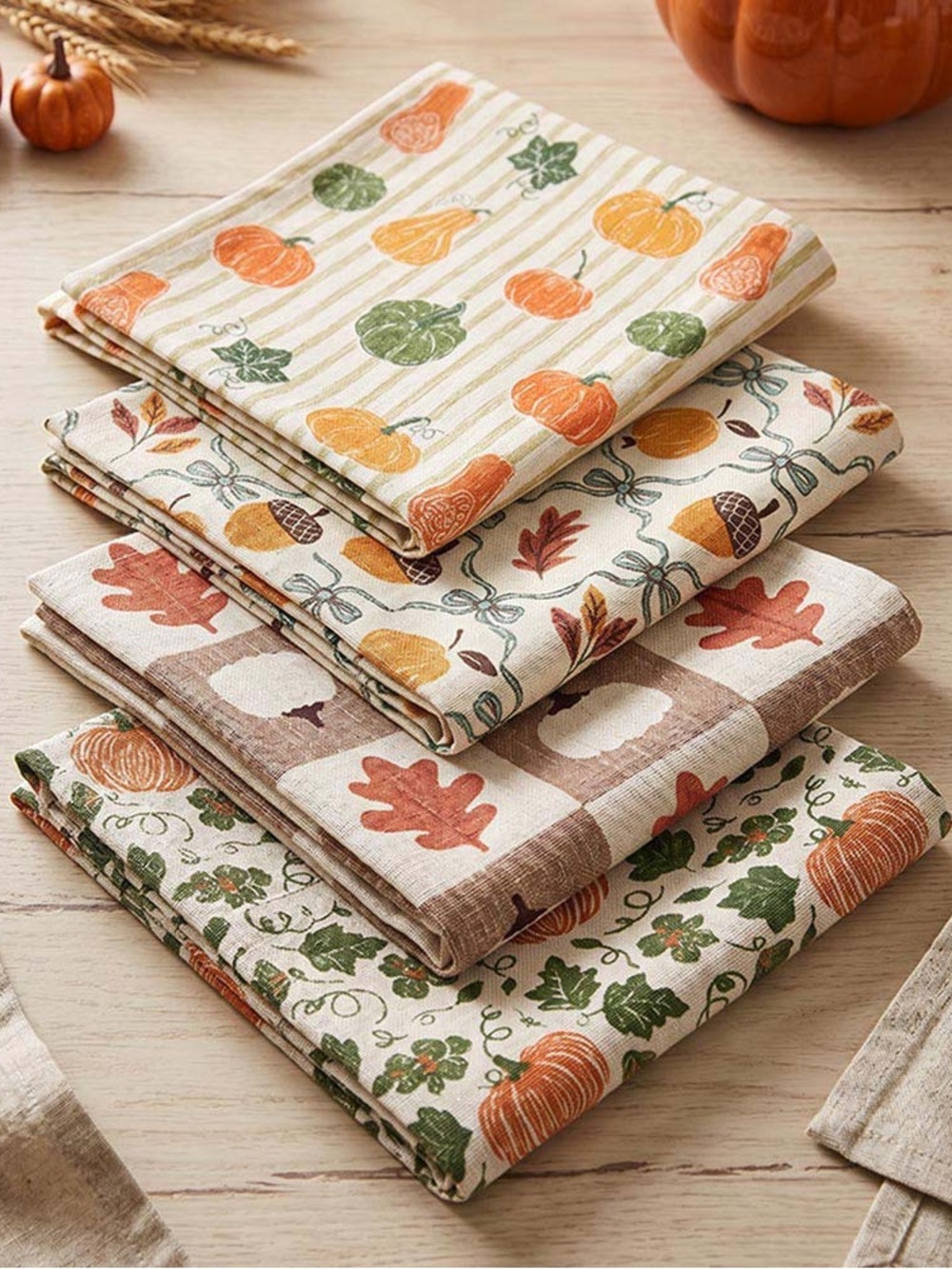 4 Pack Of Autumn Harvest Pumpkin Table Runner - Beige, Orange & Green
